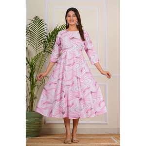 Robe de soirée longue en coton 100% à séchage rapide, à manches régulières, à imprimé floral rose et blanc, de luxe pour femmes - Product Image 5