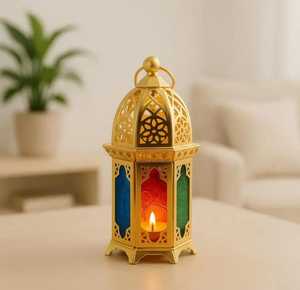 Hand Crafted Golden Lantern Ramadan Mubarak Arabic Calligraphy Transparent Panel Star Motif Dome <b>Top</b> Hanging Ring Candle Ambient - Product Image 4