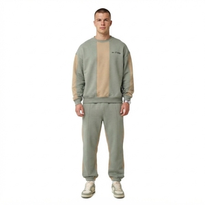 Ensemble sweat-shirt et pantalon de survêtement pour homme, col rond, couleurs contrastées, vert sauge, beige, streetwear décontracté, vêtements assortis, logo personnalisé - Product Image 1