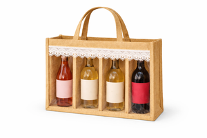 Bolsa de Regalo para Vino de Yute Natural Ecológica para Cuatro Botellas con Ventana Transparente y Ribete de Encaje, Bolso de Mano con 4 Compartimentos - Product Image 4
