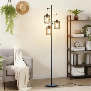 Lampadaire industriel en métal noir avec abat-jour en cage et support E27 pour intérieurs modernes - Product Image 1