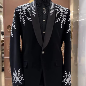 Men’s Black <b>Embroidered</b> Tuxedo Blazer with White Floral Design | Designer Wedding Party Suit Jacket with <b>Shawl</b> Lapel - Product Image 1