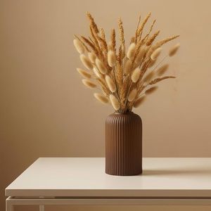 Brown Ribbed Ceramic Modern Round Flower Vase 4"-6" Diameter Tabletop Decorative Bud Vase for Home Wedding Shelf Decor - Product Image 1
