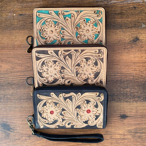 Turquoise and Brown <b>Tooled</b> Leather Wallet for Women Vintage Long Wallet With Floral Boho Purse for Ladies Custom Gift for Her - Product Image 4