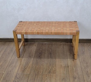 Handmade Wooden Bench With Woven Leather <b>Seat</b> Minimalist Modern <b>Stool</b> For Living Room Home Furniture - Product Image 1