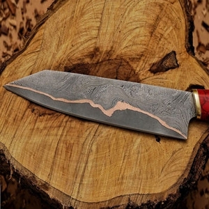 Cuchillo de cocina artesanal de cobre con patrón de Damasco para exteriores, con mango decorativo de madera, para senderismo y pícnic. - Product Image 1