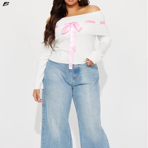 Trendy Ladies <b>Off</b> <b>Shoulder</b> Long Sleeve Ribbed <b>Sweatshirt</b> Bow Decoration Casual Elegant Tops Women Spring Autumn Wear - Product Image 3