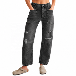 Jean en denim noir délavé pour femme, coupe large, taille haute, décontracté, avec poches plaquées, longueur intégrale, style tendance - Product Image 1