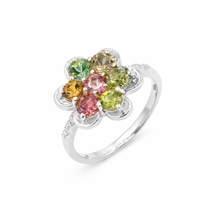 Anillo de Plata de Ley 925 con Turmalina Multicolor, Siete Piedras en Forma de Flor, Inspirado en la Flor Ixora, Chapado en Oro y Rodio - Product Image 2