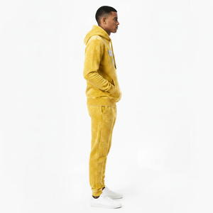 Ensemble survêtement homme jaune moutarde délavé avec logo personnalisé, sweat à capuche et pantalon de jogging en molleton épais, style streetwear, service OEM - Product Image 3