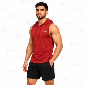 Men's <b>Red</b> Sleeveless Hooded <b>Tank</b> <b>Top</b> Quick Dry Polyester Sporty Front Logo Print Knitted Hoodie Vest Men Hooded <b>Tank</b> <b>Top</b> - Product Image 2