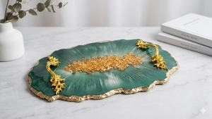 Plateau de service de luxe en résine verte, fait main, motif feuille d'or, vaisselle de cuisine, passe au lave-vaisselle, décoration moderne de luxe pour la maison, mariage - Product Image 2