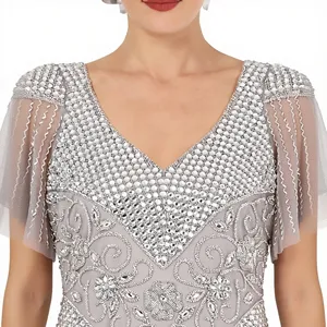Robe de bal longue en perles argentées, col en V, manches courtes, effet illusion, moulante, pour soirée - Product Image 5