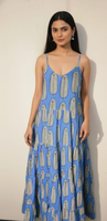 Robe longue décontractée d'été pour femme, bleue, imprimée, col en V, coupe trapèze, sans manches, à fines bretelles, écologique, légère et fluide, pour la plage, OEM