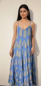 Women Blue V-neck Printed A-Line Maxi Dress Sleeveless <b>Spaghetti</b> <b>Strap</b> Casual Summer Eco-Friendly Lightweight Flowy Beach OEM - Product Image 4
