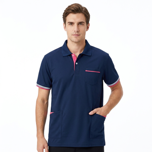 Polo à manches courtes bleu marine pour homme avec détails roses et poches, style décontracté tissé - Product Image 2