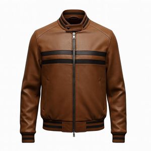 Blouson aviateur en cuir PU marron pour homme, col montant, fermeture éclair, style moto, vêtement d'automne - Product Image 1