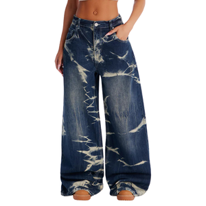 Jean en denim taille mi-haute pour femme, coupe large, bleu foncé délavé, style décontracté, coupe droite, nouvelle mode streetwear, pour le quotidien - Product Image 1