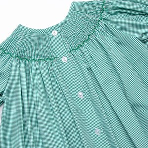 Vestido de Algodón Ligero con Estampado a Cuadros Verdes para Niñas Pequeñas, Corte en A, Manga Corta, Cuello Peter Pan, Botones al Frente, Estilo Boutique para Fiestas - Product Image 4