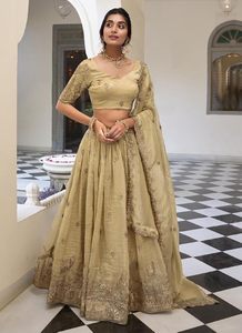 Beige Embroidered Lehenga Choli <b>Wedding</b> Dress Traditional Indian Two Piece Outfit With Dupatta for Bride Party - Product Image 2
