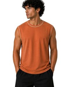 Mens <b>Rust</b> Orange Sleeveless Tank <b>Top</b> Premium Cotton Jersey Gym Fitness Casual Summer Vest Lightweight Breathable Custom Logo Fit - Product Image 1