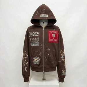 Sweat-shirt à capuche marron pour homme, 100% coton tricoté, style streetwear oversize, imprimé patchwork, poche avant, style automne - Product Image 1