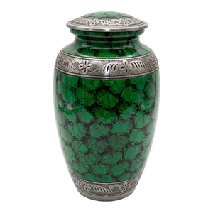 Urna Funeraria Metálica de Estilo Europeo Clásico, Acabado Verde Fuego, Modelo 2026, Vintage, en Venta, con Grabado Floral Plateado - Product Image 1