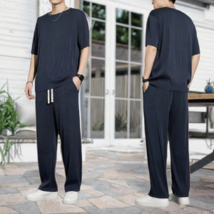 Latest Low MOQ Fashion Wear High Street Wear Men's Summer Cotton Set Solid Color Trendy T Shirt and <b>Trouser</b> Breathable Fashion - Product Image 4