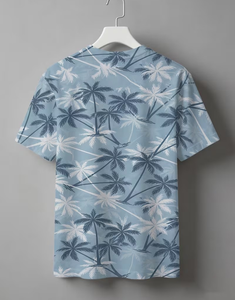 Men's Blue Palm Tree Print Short Sleeve O-Neck Casual T-Shirt Regular Fit Digital Print Breathable Knitted 100% Polyester - Product Image 2