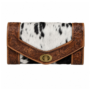 Western Hair On Cowhide Floral Tooled Leather Wallet for Women Turn Lock Clutch Purse Handmade Cowgirl Fashion Organizer purse - Product Image 1