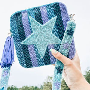 Bolso bandolera con cuentas y rayas verticales, bolso cuadrado con motivo de estrella grande, correa ancha con borlas para mujer, uso en el hombro para festivales de verano - Product Image 1