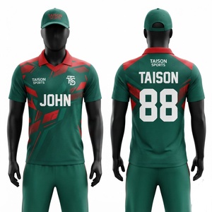 Conjunto de Uniforme de Cricket para Hombre, Calidad Premium, 100% Poliéster Malla 160g, Verde y Rojo, Impresión Digital Personalizada en la Parte Delantera, Pantalones Cortos Deportivos - Product Image 1