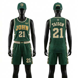 Tenue de Basketball Femme 150 GSM en Maille Polyester Respirante Vert Foncé avec Panneau Latéral Doré et Logo Personnalisé par Sublimation - Product Image 1