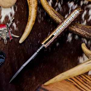 Couteau pliant artisanal professionnel en acier Damas, de qualité industrielle, pour le camping en extérieur, avec étui. - Product Image 3