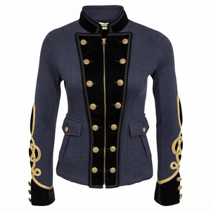 Veste de cérémonie pour femme, style hussard, bleu marine et or, tressée, avec garniture en velours noir, ajustée, style napoléonien - Product Image 1