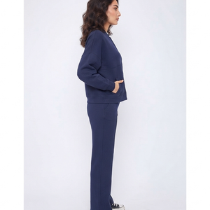 OEM <b>Women's</b> <b>Navy</b> Blue 2-Piece Fleece Tracksuit Set With Custom Logo Print Casual Loose Fit Full Length Sweatshirt & Sweatpants - Product Image 2