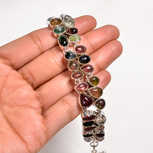Natural Multi Tourmaline <b>Gemstone</b> <b>Bracelet</b> 925 Sterling Silver Handmade Cabochon Statement Jewelry Women Gift for Men Unisex Her - Product Image 4