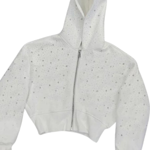 Cropped <b>White</b> Rhinestone <b>Zip</b> Hoodie Women Custom Logo Sparkle Streetwear Heavyweight Polyester/Cotton Fleece OEM Wholesale - Product Image 4