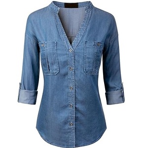 Camisa de mezclilla azul ajustada para mujer, blusa con botones, tela transpirable, informal, para verano, ropa exterior, camisas con logo personalizado - Product Image 1