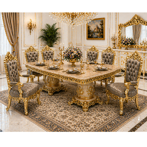 Birmingham Style Antique Gold Dining Furniture Set Baroque Style 6 Seater Wooden Dining <b>Table</b> & Chairs Factory Price Australia - Product Image 1