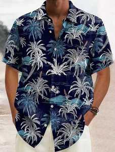 Chemise Hawaïenne Décontractée pour Homme en Twill à Manches Courtes, Col Montant, Imprimé Feuilles Tropicales Noir/Vert, Respirante et Écologique pour l'Hiver - Product Image 2