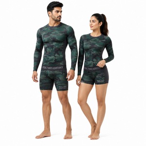 Camo Printed Three Piece Rash Guard Set Long Sleeve <b>Compression</b> <b>Shirt</b> Sports Leggings Base Layer Shorts Gym Wear Breathable - Product Image 4