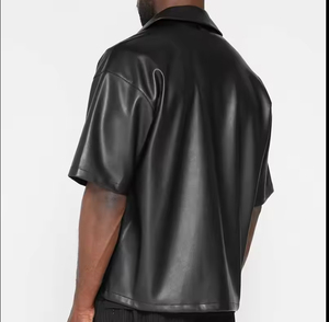 High Quality 100% Leather Turtleneck Short Sleeve Baggy Shirt Men Oversized Plain Dyed Solid Casual Windproof Breathable Quick - Product Image 5