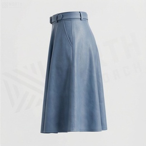 Falda de Cuero Sintético para Mujer, Corte en A, Largo hasta la Rodilla, Color Sólido, con Cinturón, Cintura Regular, Diseño Tejido Brillante, para Todas las Temporadas - Product Image 3
