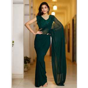 Sari indien en soie pour femme adulte, très tendance, pour mariage et soirée, avec des paillettes vertes brodées - Product Image 2