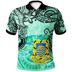 Polo pour homme bleu à motif floral polynésien, manches courtes, 100% polyester, coupe classique, design décontracté avec imprimé - Product Image 5
