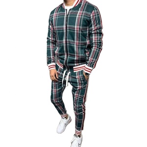 Modern Men's Check Print Sublimated Bomber <b>Jacket</b> Track Suit Zip Enclosure Ribbed Hem & Cuffs Side Stripe Zipper Sweat Suit - Product Image 1