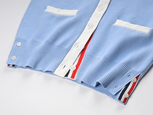 Women's Light Blue V-Neck Cardigan With Dog Embroidery And White Trim Preppy Style Full Sleeve Knitted Sweater - Product Image 3