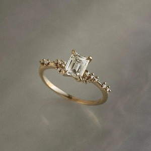 Vintage Emerald Cut Moissanite Engagement Ring Unique Round Cluster Moissanite Ring Yellow Gold Double Prong Anniversary ring. - Product Image 3