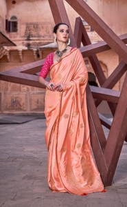 Sari en soie satinée pure avec broderie Zari et chemisier pour femme - Style moderne pour fêtes, Diwali et mariages - Product Image 6